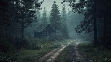 Obraz premium Enigmatic Path to Secluded Cabin in Pine Forest, Captivating Wilderness Hideaway