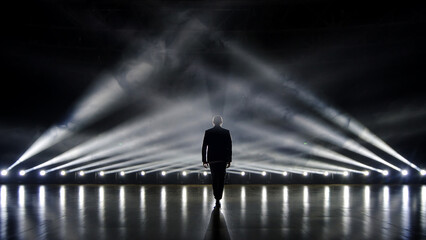 Silhouette of a man on stage illuminated by stage lights. A dramatic and impactful scene ideal for...