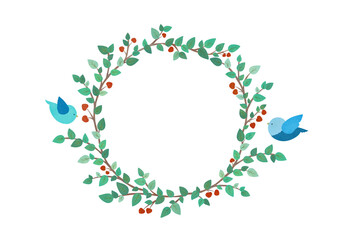 幸せを運ぶ青い鳥とリースのイラスト