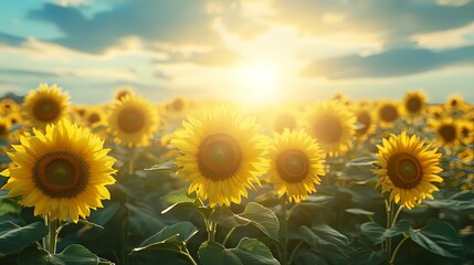 Fototapeta premium Golden Sunset Over Blooming Sunflower Field