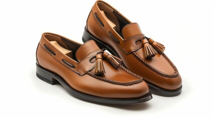 A stylish pair of loafers with tassels, sleek and elegant, isolated on a white background with ample space for copy text or branding