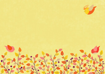 秋のカラフルな木の葉と小鳥の背景イラスト