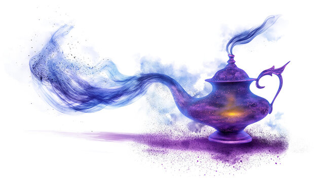 A purple lamp with a blue flame is blowing smoke isolated on a transparent background