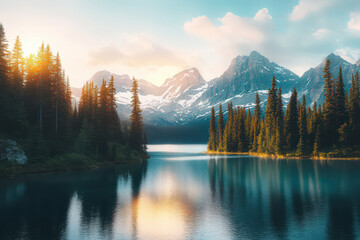 Obraz premium Breathtaking landscape featuring a serene mountain lake at sunrise with snow-capped peaks