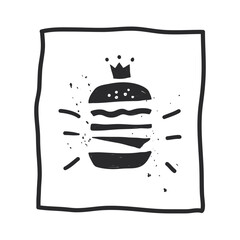 National Cheeseburger Day. clip art of burger with the letters king on it. template design in doodle style. doodle vector Illustration in naive art with texture.