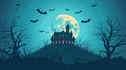 An old, spooky house on top of a hill with a full moon