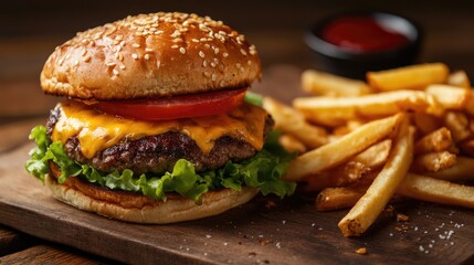 Gourmet burger with melted cheese, lettuce, and tomato, accompanied by crispy fries.