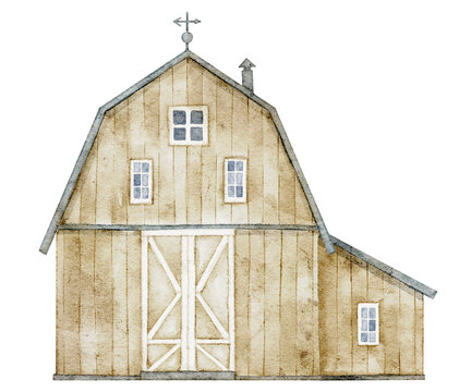 recommend clip art: Watercolor Illustration of Rustic Barn with Vane Made of Wood and Metal Elements on isolated background. Drawing of old vintage Farm House in pastel colors for countryside design and harvest festival.