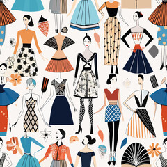 A colorful pattern of various stylized fashion sketches depicting people in different outfits and poses.