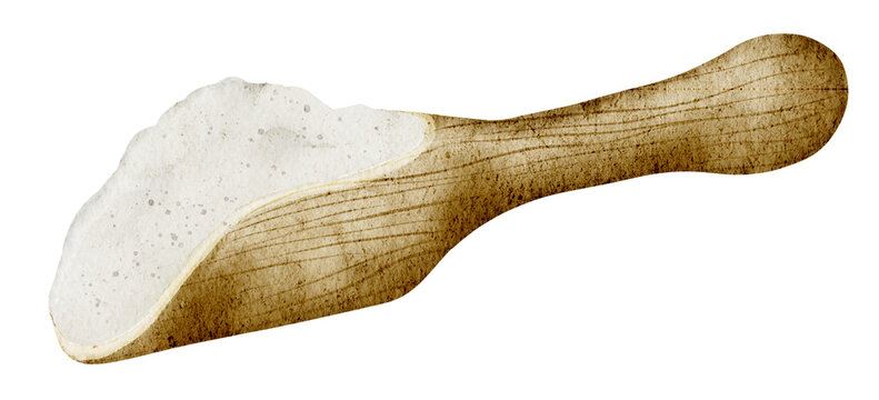 Flour in a wooden spoon watercolor illustration. Drawing of Scoop with Pile of white wheat powder on isolated background. Hand drawn ingredient for bakery or pastry. Art for product packaging.