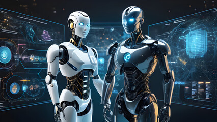 Naklejka premium Human interact with AI artificial intelligence brain processor in concept of AI artificial intelligence engineering, big data and AI machine learning to use generative AI