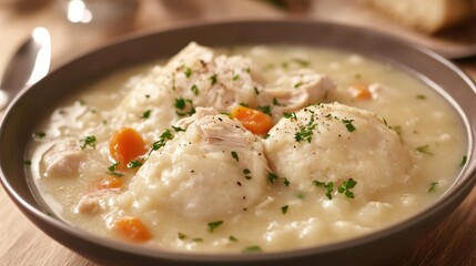 Hearty bowl of chicken and dumplings with tender chicken and fluffy dumplings.