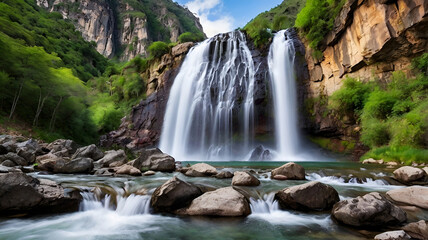 Fototapeta premium Beautiful mountain waterfalling background image and use it as your wallpaper. Ai generative