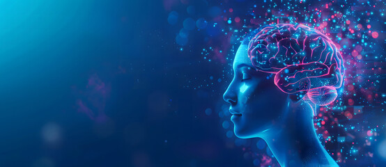 Obraz premium Gold High-Tech Digital Brain with Low Poly Wireframe on Blue Background. 3D Render with Polygon Mesh design