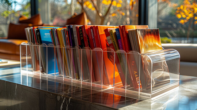 Magazines in a rack on a sunny day