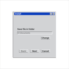Old installation program window with path of file. Retro software for computer in blue color.