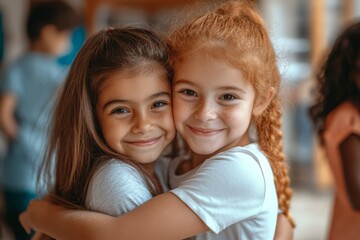 Obraz premium two diverse kids girls hugging and looking happy to see each other on back to school day. Kids friendship. Public and private education. 