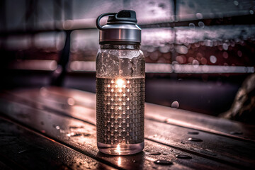 A bottle of water with a light inside of it. The bottle is sitting on a wooden bench