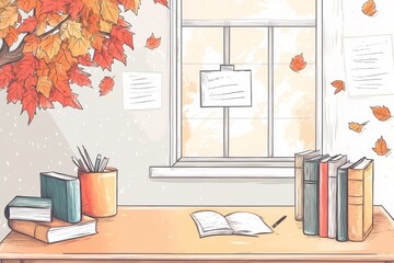 Hand-drawn depiction of an autumn themed decorated classroom with  desk, books, and fall leaves, in warm, inviting style, minimal illustration art  with copy space. Back to school concept.