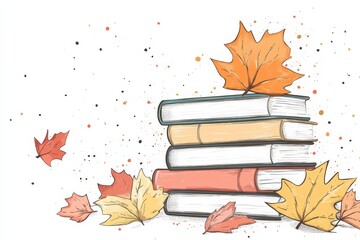 Hand-drawn illustration of a stack of books and textbooks with fallen autumn leaves around them, minimal style with copy space around in neutral  warm color palette