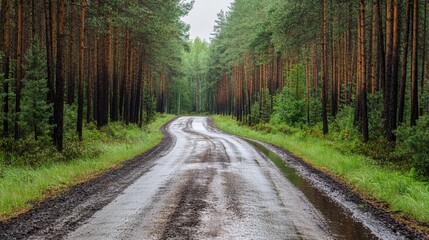Fototapeta premium Serene Pine Forest Road After Rain Shower, Revitalizing Nature Scene