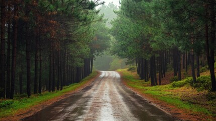 Fototapeta premium Serene Pine Forest Road Post-Rain - Fresh and Revitalizing Nature Scene
