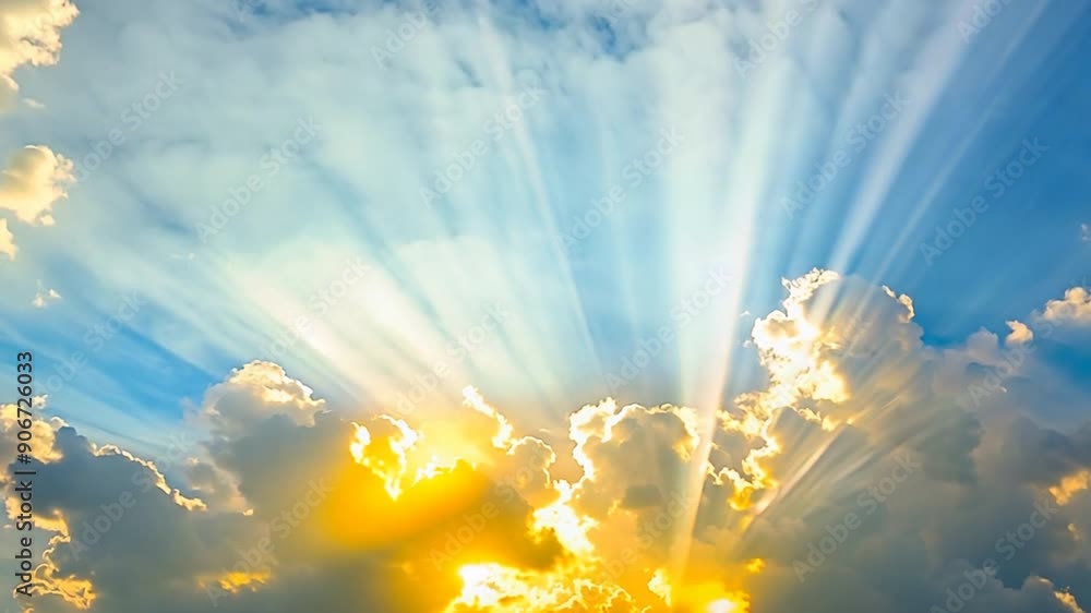 Poster bright sun rays casting light on a partly cloudy sky, cheerful atmosphere