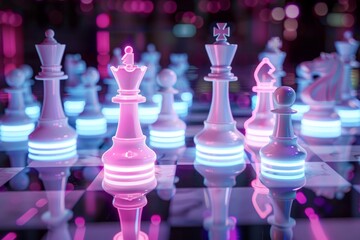 chess pieces stand on a glossy chessboard with neon lighting
