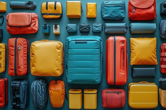 Packing cubes and suitcase, organized layout, flat design illustration, No logo, No Trademark, No text, minimal concept with copy space for stock photo