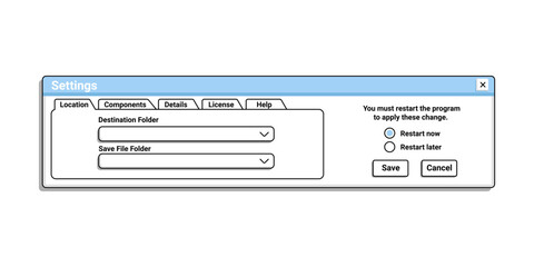 Old setting for computer in blue color. Retro user interface with options. Vintage explorer from 90s.