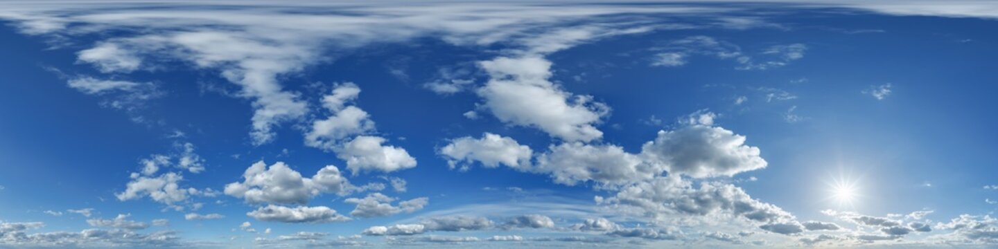 blue sky hdri 360 panorama view with awesome white clouds with zenith for use in 3d graphics as skydome or edit drone shot as sky replacement