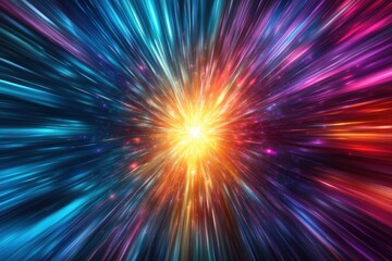 Obraz premium A vibrant explosion of multicolored light, resembling a cosmic event, radiating energy and intensity in a dynamic display.
