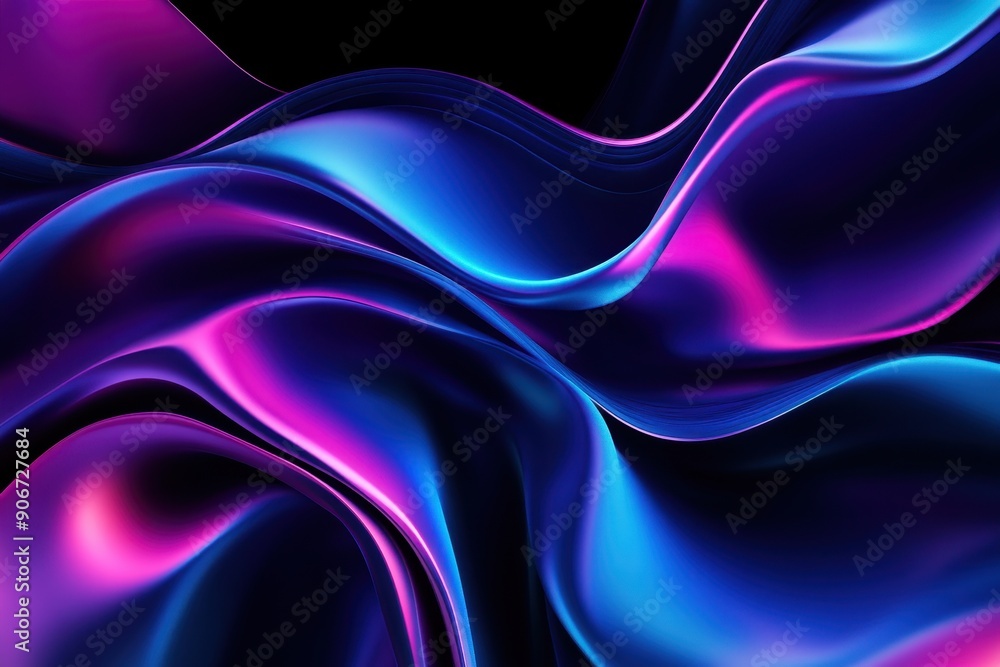 Poster Abstract dark glowing vibrant neon background with smooth flowing shapes and waves in purple and blue gradient tones.