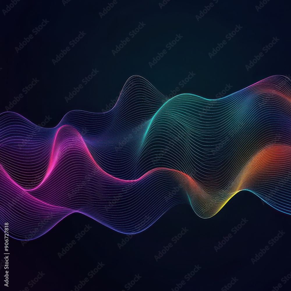 Poster abstract digital illustration with colorful neon waves on a dark background. perfect for technology,