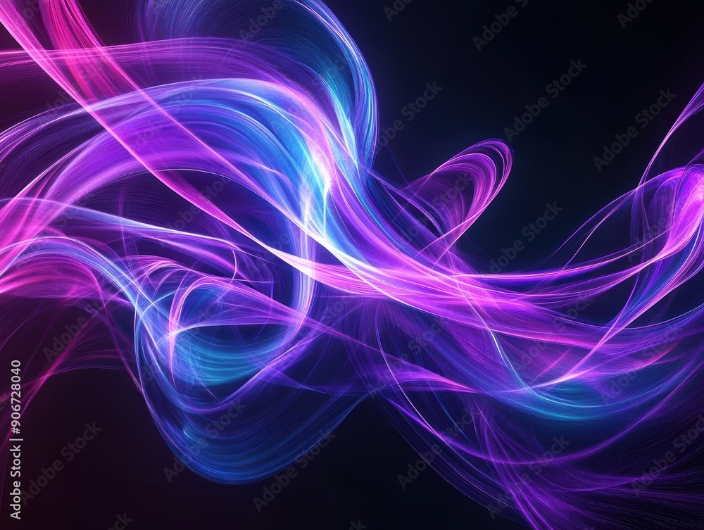 Poster abstract light painting with vibrant purple and blue swirls on a dark background, creating a dynamic