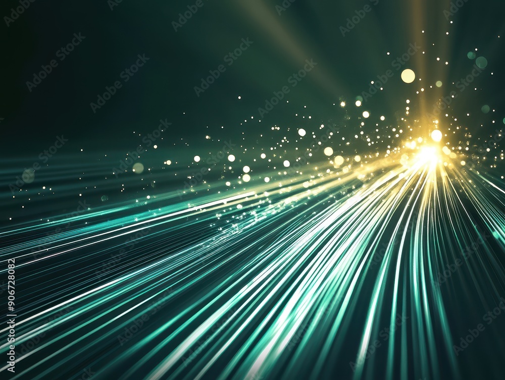 Poster Abstract light trails with sparkling particles depicting speed, motion, and technology in a futuristic digital landscape.