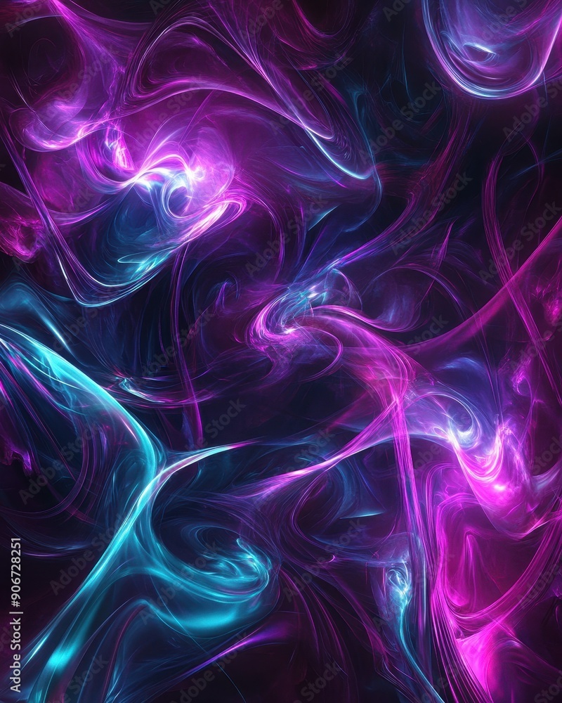 Poster abstract neon swirling smoke with vibrant pink and blue colors against a dark background, creating a