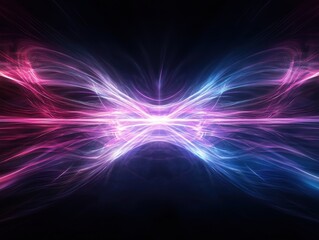 Fototapeta premium Abstract neon light waves of blue and pink on a dark background, creating a futuristic and dynamic energy flow design.