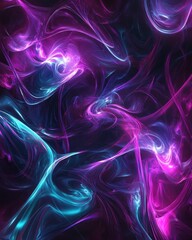 Fototapeta premium Abstract neon swirling smoke with vibrant pink and blue colors against a dark background, creating a mesmerizing and dynamic visual effect.
