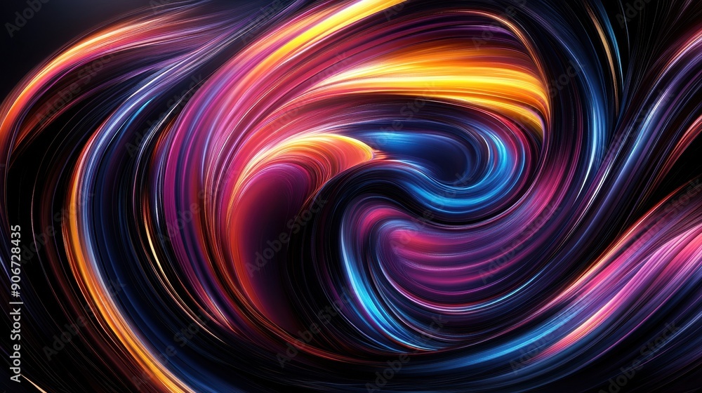 Poster colorful abstract digital art swirling with vibrant light streaks in dark background, creating a dyn
