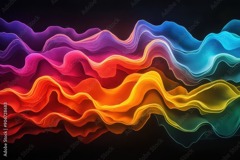 Poster vibrant, colorful abstract waves in a flowing pattern against a dark background. perfect for creativ