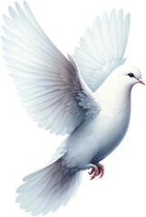 Obraz premium A white dove is flying in the air. The image has a peaceful and serene mood, as the dove is a symbol of peace and freedom