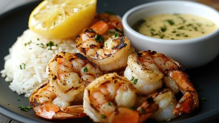 Perfectly grilled shrimp with a garlic butter sauce and a side of rice