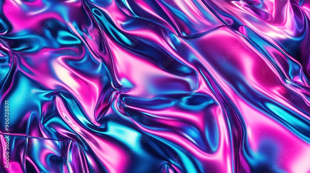 Poster Vibrant abstract background with fluid metallic texture in neon pink and blue hues, creating a dynamic and futuristic visual effect.