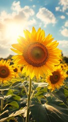 Fototapeta premium Golden Sunset Over Blooming Sunflower Field