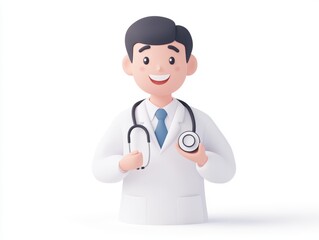 Fototapeta premium A 3D clipart of a cheerful doctor holding a stethoscope, in a bright and clean setting, white background, high-resolution photo, realistic photo