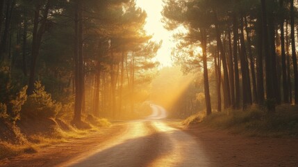 Obraz premium Tranquil Sunrise Drive: Scenic Road Amidst Pine Forest Glowing in Warm Morning Light
