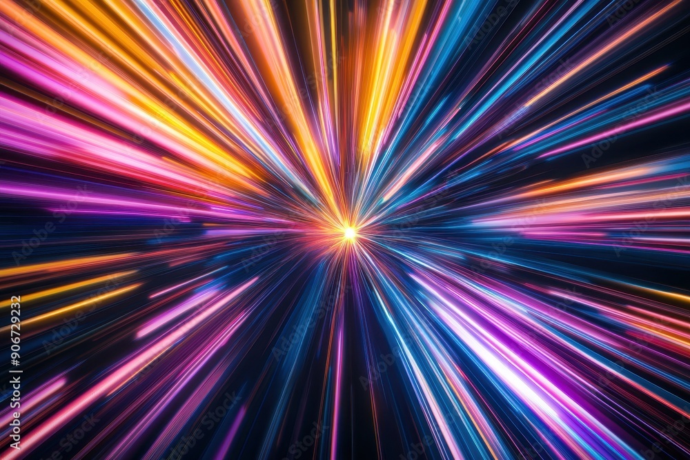 Poster vibrant abstract light streaks radiating from a central point, showcasing dynamic colors and energy.