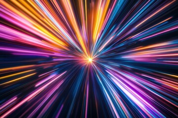 Vibrant abstract light streaks radiating from a central point, showcasing dynamic colors and energy. Perfect for backgrounds and creative designs.