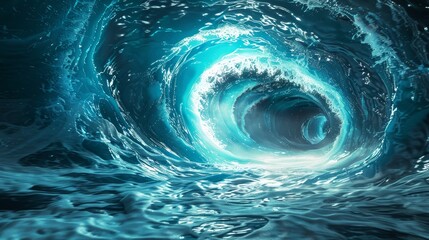 Abstract blue wave forms a swirling tunnel, creating an ethereal, otherworldly scene.